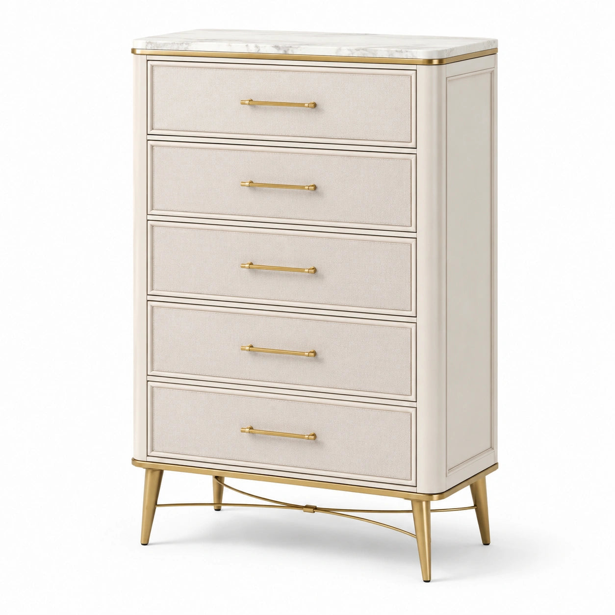 Kommode mit Marmoroberfläche und 5 Schubladen in Beige und Gold