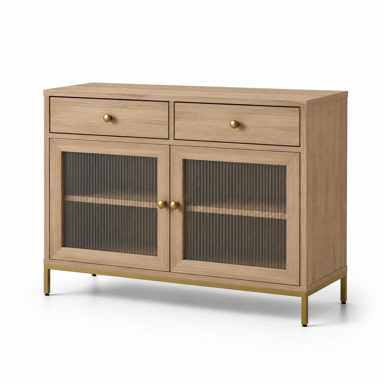 Sideboard Eiche MDF mit geriffeltem Glas und Metallfüßen, 100x40x85 cm