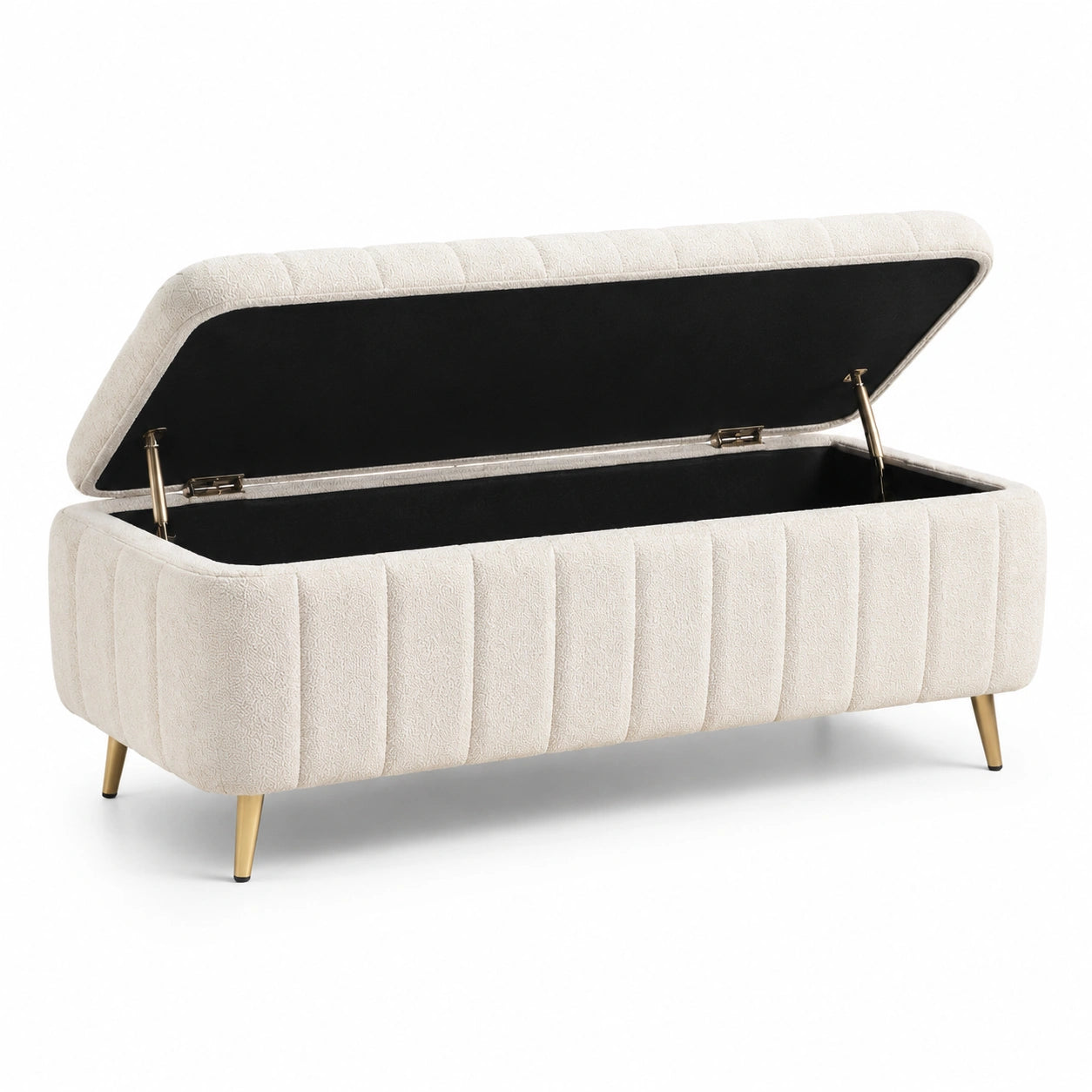 Aufbewahrungsbank mit Polyesterbezug in Beige und Edelstahlbeinen