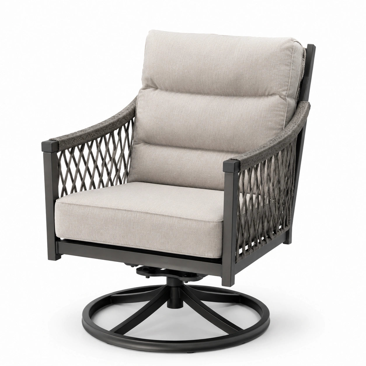 Drehsessel mit Aluminiumrahmen und Polyesterrattan, Beige, 80x75x92 cm
