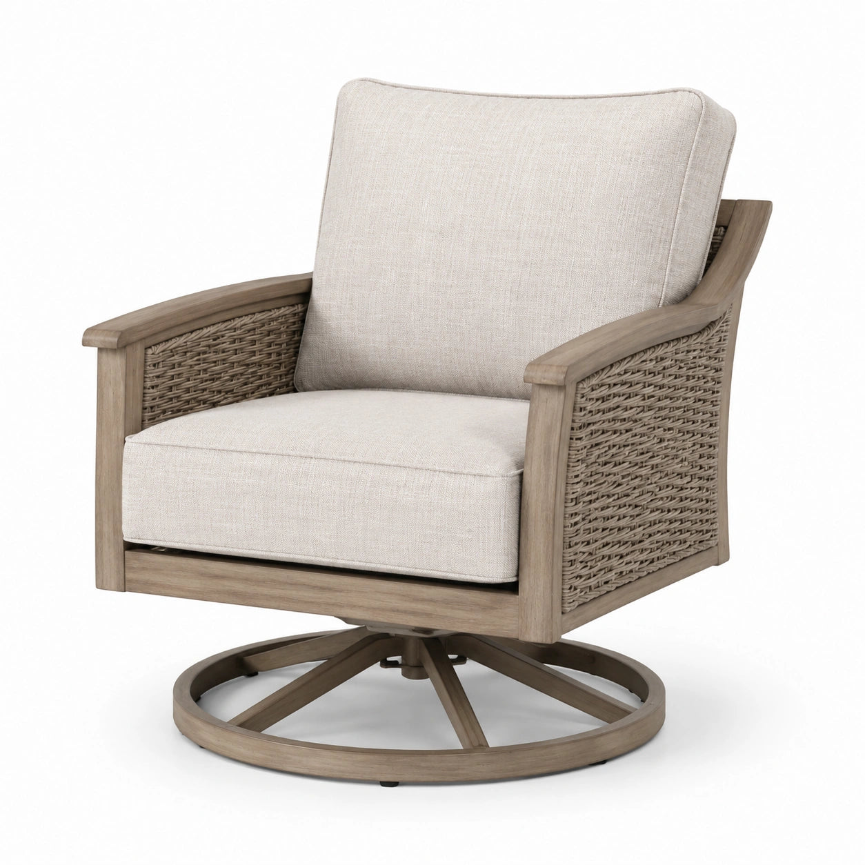 Drehsessel mit Rattan und Stoffbezug, Holzrahmen, Beige
