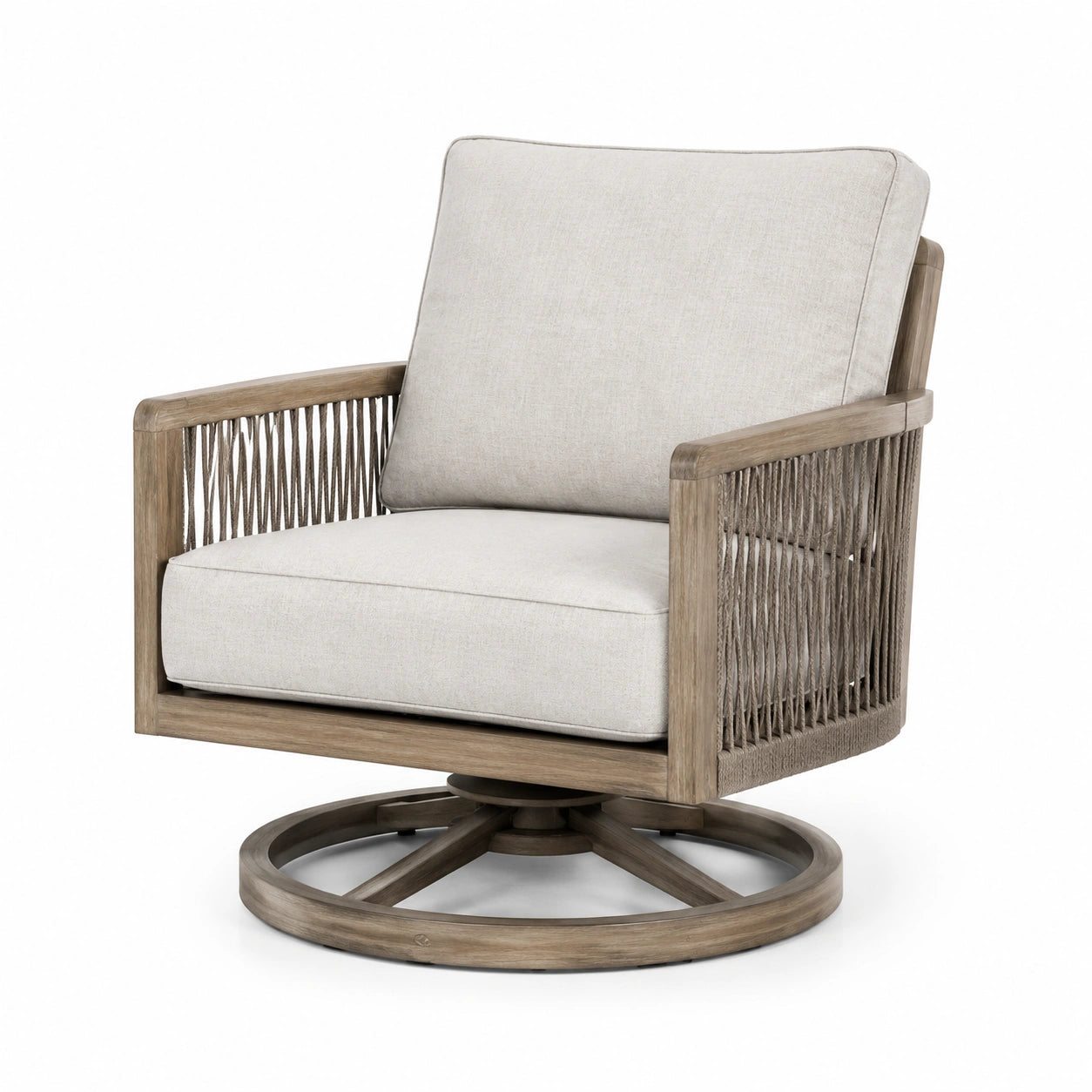 Drehsessel aus Holz und Polyesterseil in Beige