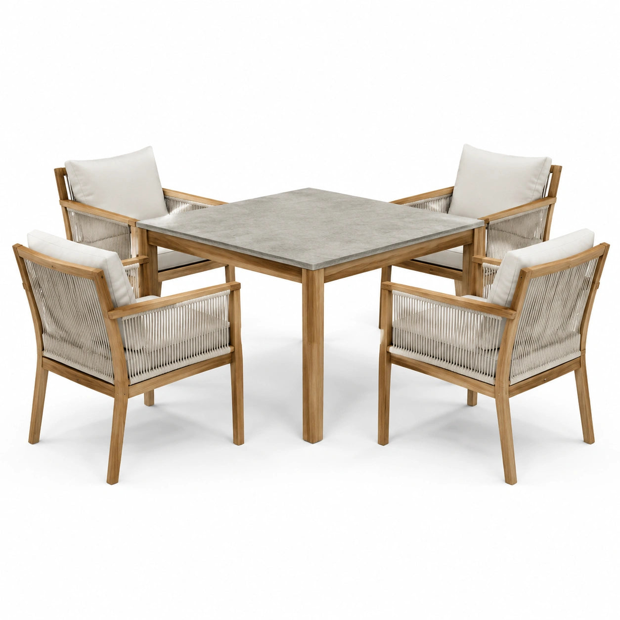 Garten-Essgruppe aus Teakholz mit Polyester-Seil und Steinoptik-Tischplatte