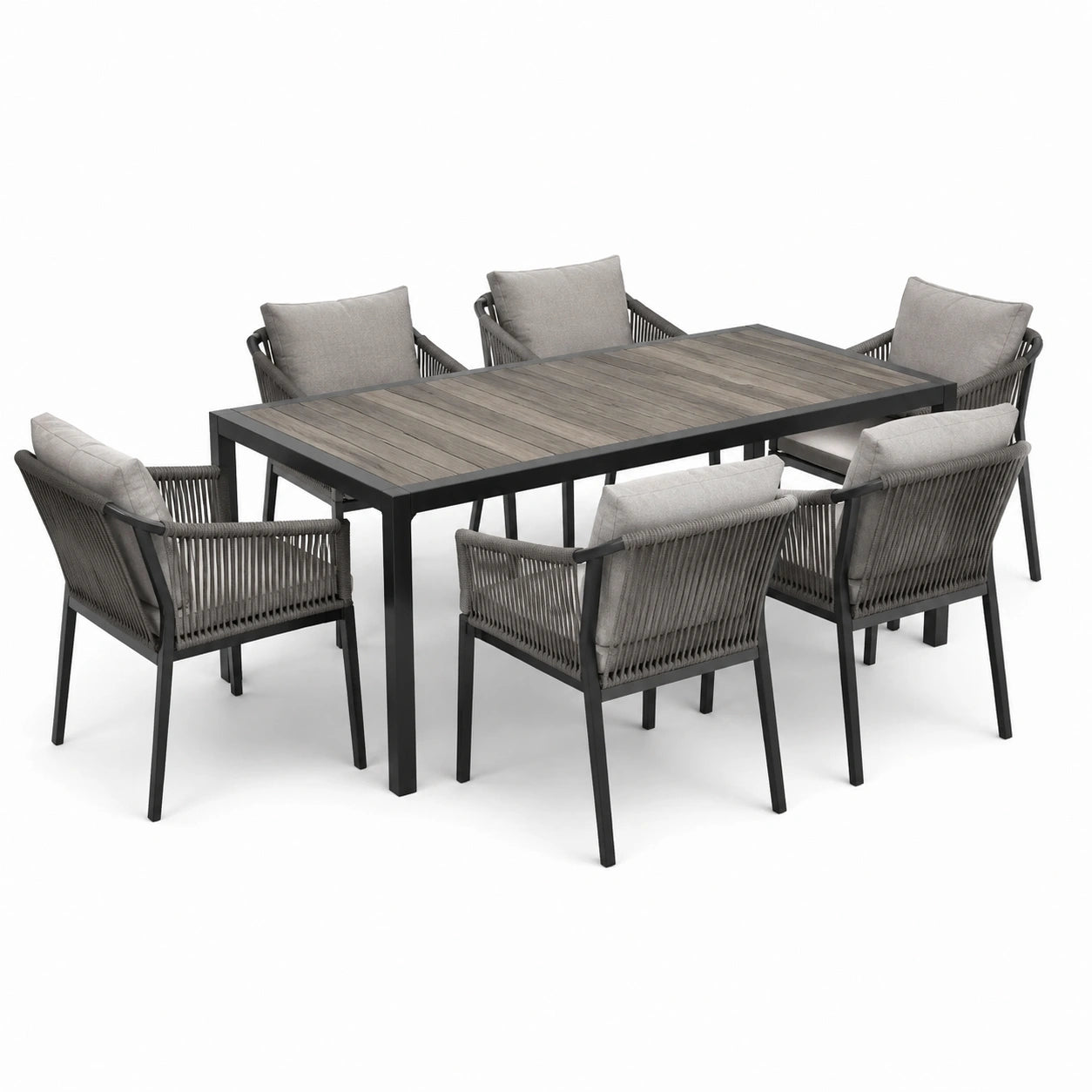Garten-Essgruppe Aluminiumrahmen Polyholz Tisch 6 Stühle Grau