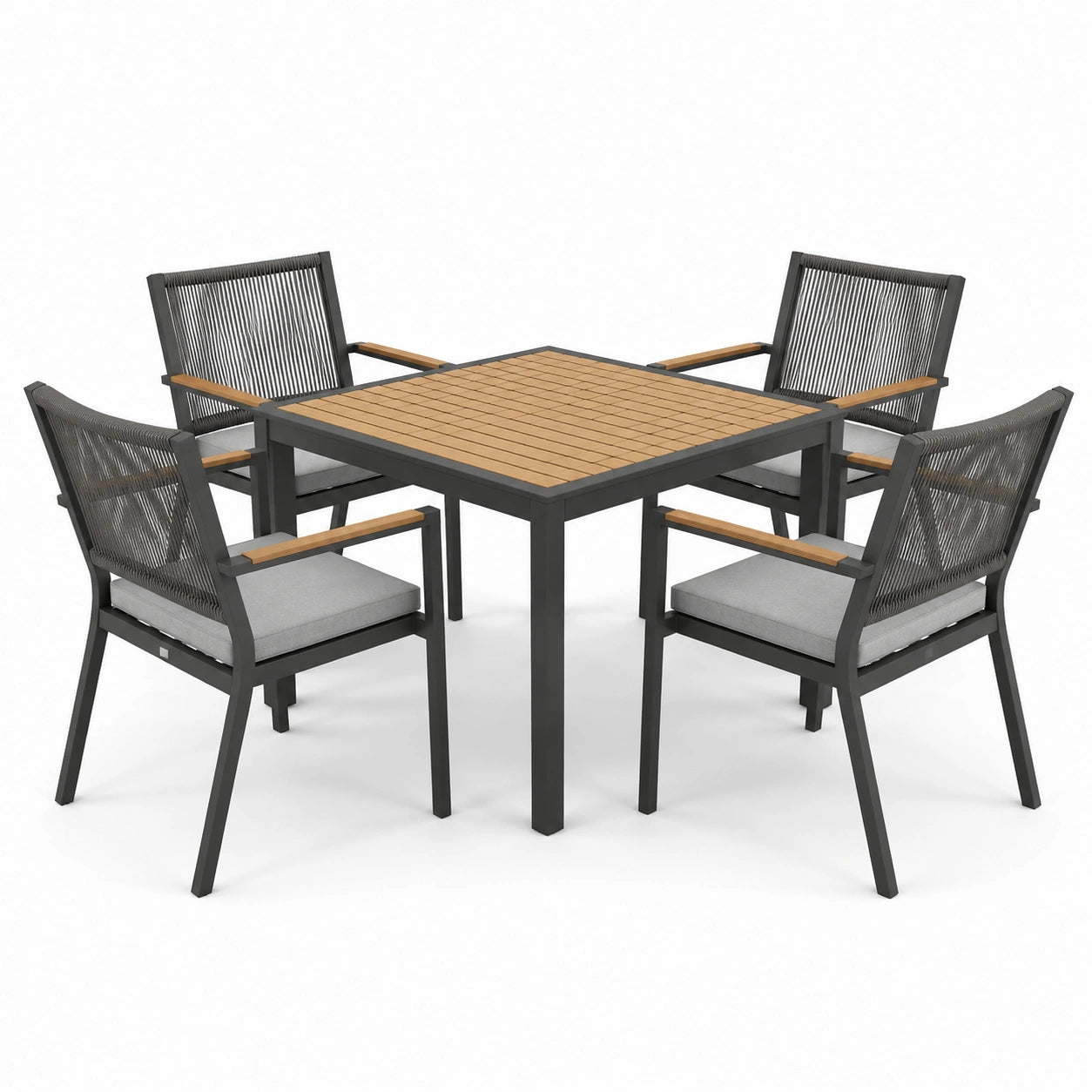 Essgruppe aus Aluminium und Holz, 5-teilig, 90x90x75 cm, Grau/Natur